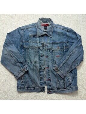 Vintage Paco Jeans Co Denim Trucker Jacket XL Blue Red Stitch Y2K Hip Hop Street